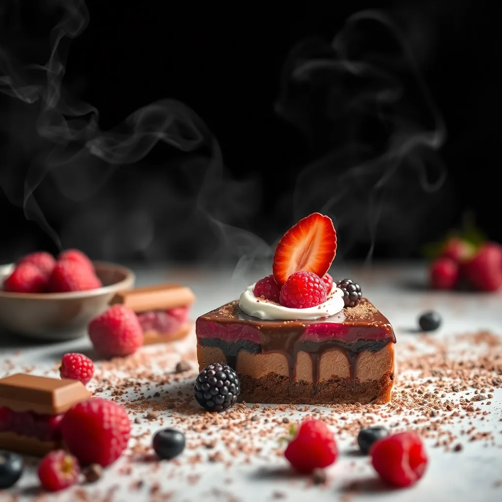 Sweet dessert shisha flavor concept, chocolate, berries, smoke, rich and dark photography